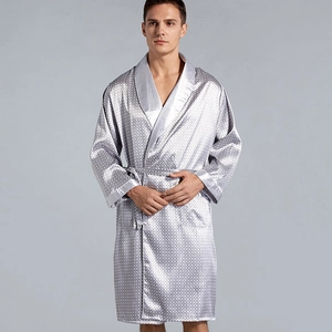 Men's silver silk satin long robe with geometric texture and elegant v-neck design