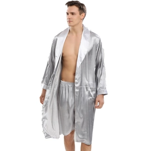 Ensemble de pyjama et peignoir long en satin gris argenté pour homme avec motifs géométriques