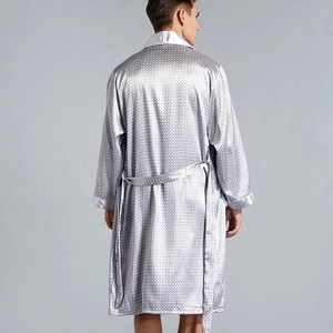 Men's silver-grey silk satin bathrobe with geometric patterns and waist tie