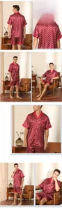 Deep red silk pajamas for men featuring white geometric prints and a button-up collar