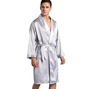Men's silver silk-like satin robe with geometric grid texture and shawl collar