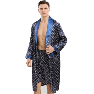 Men's navy blue silk satin bathrobe set with geometric patterns and matching shorts