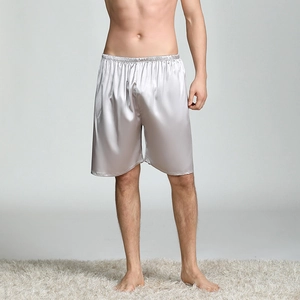 Silver grey satin men's pajama shorts with smooth silk-like finish and elastic waistband