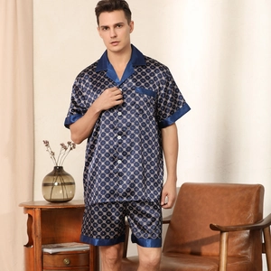 Men's Satin Printed Pajama Set Short Sleeve Shirt And Shorts Top And Bottom Geometric Pattern Soft Loungewear Homewear