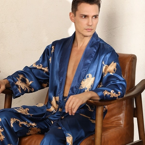 Men's luxury navy silk satin robe set with gold embroidery and matching pants