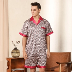 Men's silk satin pajama set with geometric print, short sleeves and red contrast piping