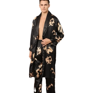 Men's silk satin long pajama set with black and gold dragon print pattern