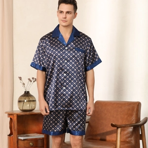 Men's navy silk satin pajama set with white diamond pattern and short sleeves