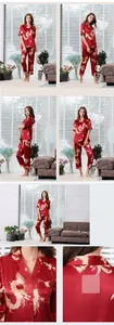 Détails du pyjama en soie rouge avec motifs de dragon dorés et texture en satin doux