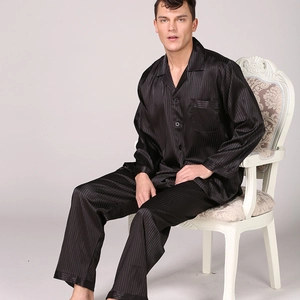 Pyjama Homme en Satin à Rayures Haut Et Pantalon Manches Longues Boutonné Loungewear Taille Européenne Faux Soie Noir