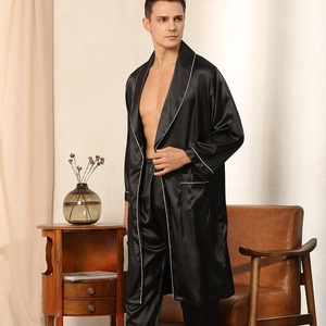 Herren Luxus Satin Polyester Schlafanzug Oberteil Und Unterteil Einfarbig Hausanzug Mit Kontrastpaspelierung Nachtwäsche