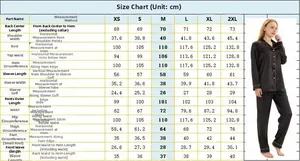 Tableau détaillé des tailles pour pyjamas en soie femme du XS au 2XL avec mesures