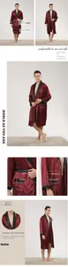 Detail view of burgundy satin robe featuring black lapel trim and waist tie closure