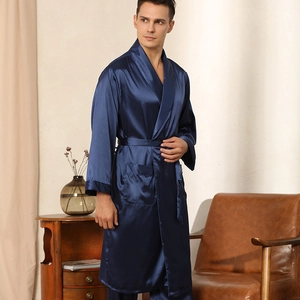 Men's luxury navy blue satin bathrobe and trousers set with smooth silk-like finish