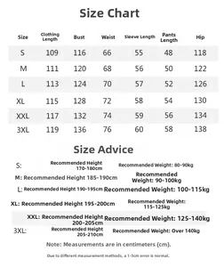 Detailed size chart for men's silk pajamas set including S-3XL measurements and height guide