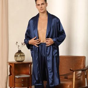 Men's navy blue silk satin bathrobe and pajama pants set for summer comfort and style