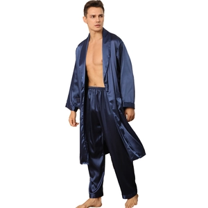 Men's navy blue silk satin pajamas set with long robe and trousers for summer