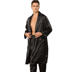 Herren Seidensatin Bademantel-Set in Schwarz mit Kontrastpaspeln und langer Hose