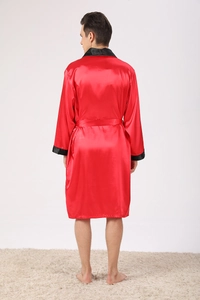 Rear view of long sleeve red satin robe for men with black contrast trim and tie waist
