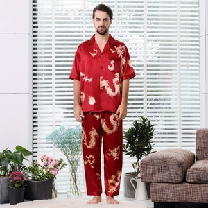 Pyjama en soie rouge pour hommes avec motif dragon doré et manches courtes pour l'été