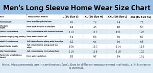 Detailed size chart for men's panda ice silk satin pajamas set with precise measurements