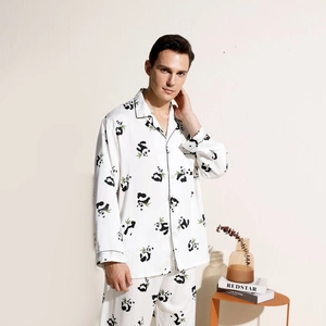Men's Panda Printed Polyester Satin Pajamas Button Down Top And Bottom Loungewear Homewear Sleepwear For Men