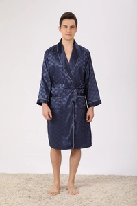 Detail of dark blue satin men's robe featuring textured jacquard checkerboard pattern