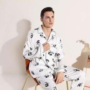 Men's panda print ice silk satin pajama set with long sleeves and trousers for summer wear