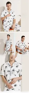 Detail of panda and bamboo print on men's lightweight satin ice silk pajama set