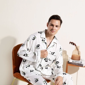 Men's panda print ice silk satin pajama set with long sleeves in a modern home setting
