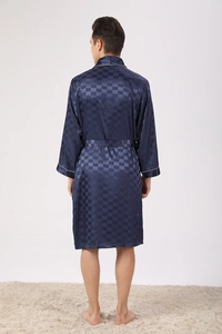 Rear view of men's dark blue silk satin bathrobe with checkered pattern and white piping