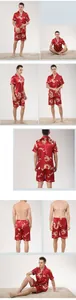 Detailed views of red silk-like men's pajama set featuring golden dragon print patterns