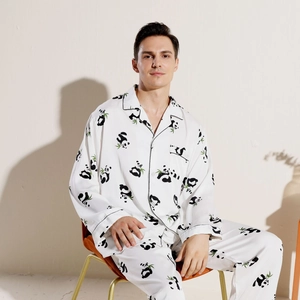 Men's ice silk panda print pajama set with long sleeves and pants in white satin