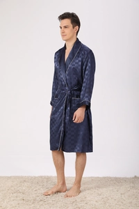 Detail of navy blue silk pajamas for men featuring checkered pattern and white piping