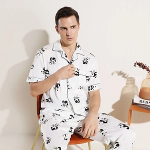 Men Pajama Satin Top And Long Pants Panda Bamboo Print Sleepwear Casual Short Sleeve Button Lapel Lounge Wear Nightwear