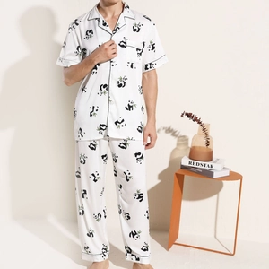 Men's silk satin pajama set with panda bamboo print short sleeve shirt and long pants