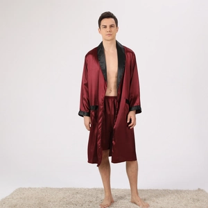 Men's silk satin burgundy robe and shorts set with black shawl collar and pockets