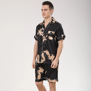 Men's Plus Size Satin Pajama Set Short Sleeve Dragon Printed Sleepwear Top And Bottom Loungewear Leisure Home Wear Suit