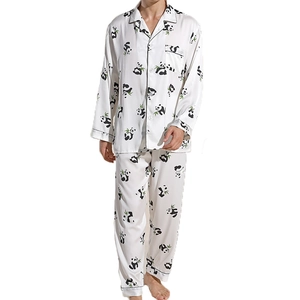 Men's ice silk pajama set in white featuring cute panda and bamboo prints