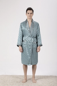 Men's light blue silk bath robe featuring jacquard pattern and contrasting grey trim detail