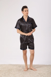 Pyjama en satin bleu marine à pois orange pour homme avec manches courtes et short
