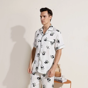 Men's ice silk pajama set with panda print featuring a short sleeve shirt and long pants