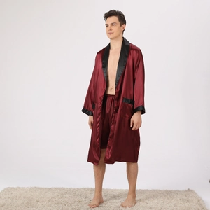 Detail of burgundy satin robe for men with black piping and matching silk shorts