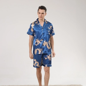 Men's navy blue satin dragon print pajama set with short sleeves and notched collar