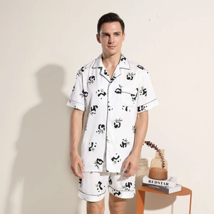 Pyjama en Satin Imprimé Panda Et Bambou Haut Et Pantalon Mince Respirant Manches Courtes Longues Pour Hommes Femmes Couple Maison