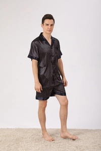 Détails de l'ensemble pyjama en satin bleu marine pour hommes avec des pois dorés