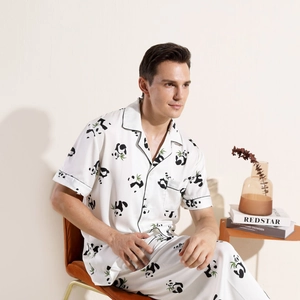 Men's silk satin pajama set with cartoon panda and bamboo print in white and green