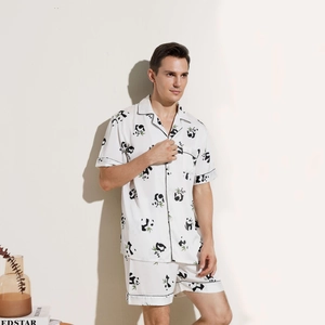 Pyjama homme en soie glacée avec imprimés panda et bambou, ensemble chemise et short d'été