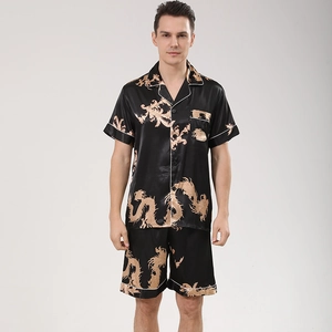 Men's silk satin pajama set with golden dragon print, short sleeve button-up and shorts