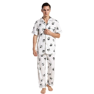 Men's two-piece pajama set with cartoon panda and bamboo print on cream satin fabric